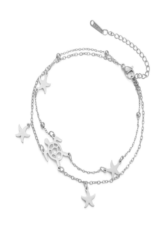 UNIFT Sea Turtle Starfish Bracelet Anklet For Women Stainless Steel Hollow Out Adjustable Layered Summer Beach Nature Ocean Jewelry Gifts (silver) - Image 1